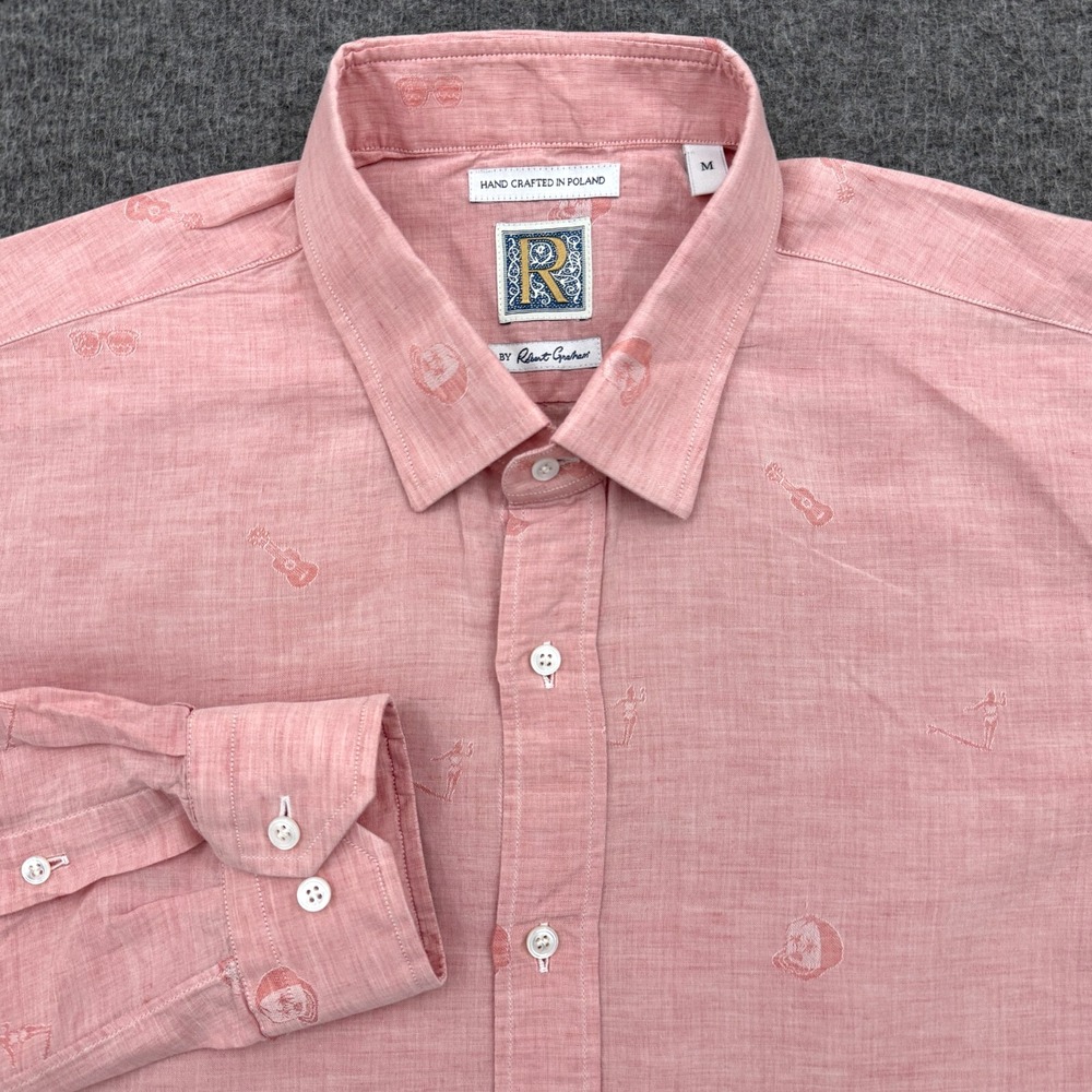 Robert Graham Mens Medium Red Guitar Print Linen Blend Tailored Button Up Shirt